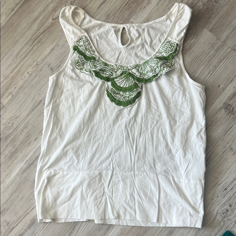 Old School Anthro Embroidered White and Green Women's Top L